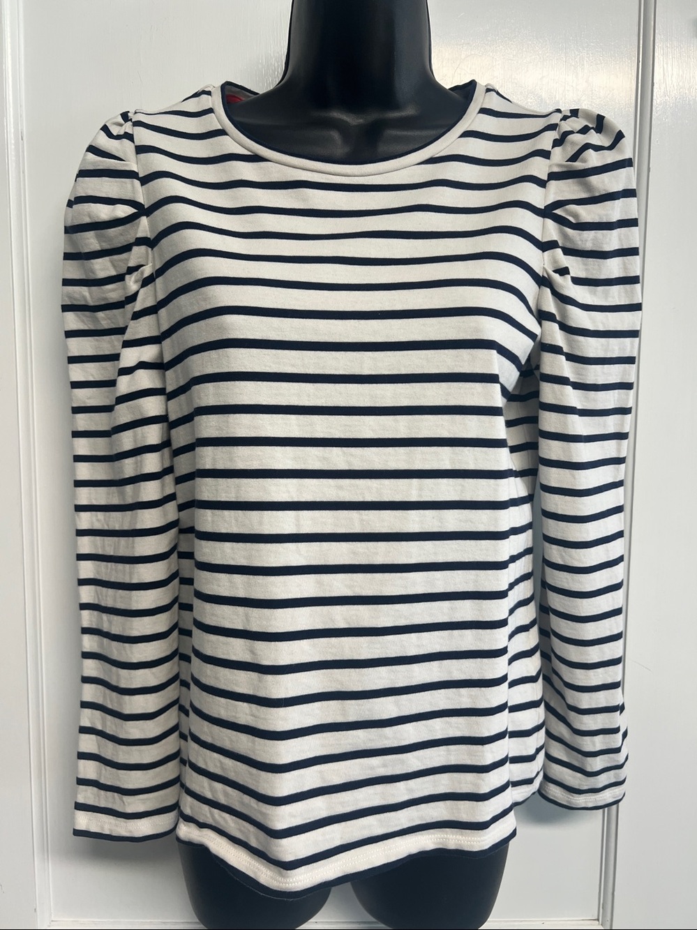 Boden White and Navy Striped Puff Shoulder Tee Sz 8